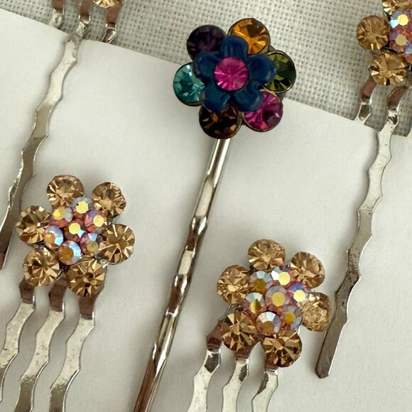Rhinestone Flower Hair Jewelry Pins Set of 5 Multicolor Gold Floral Accessories - Picture 8 of 8